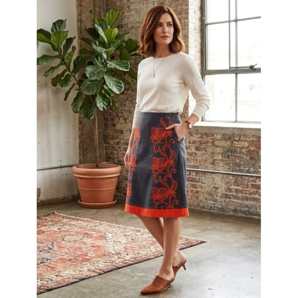 Monsoon Cotton Embroidered Floral Knee Length Skirt Size 8 Grey Orange Summer